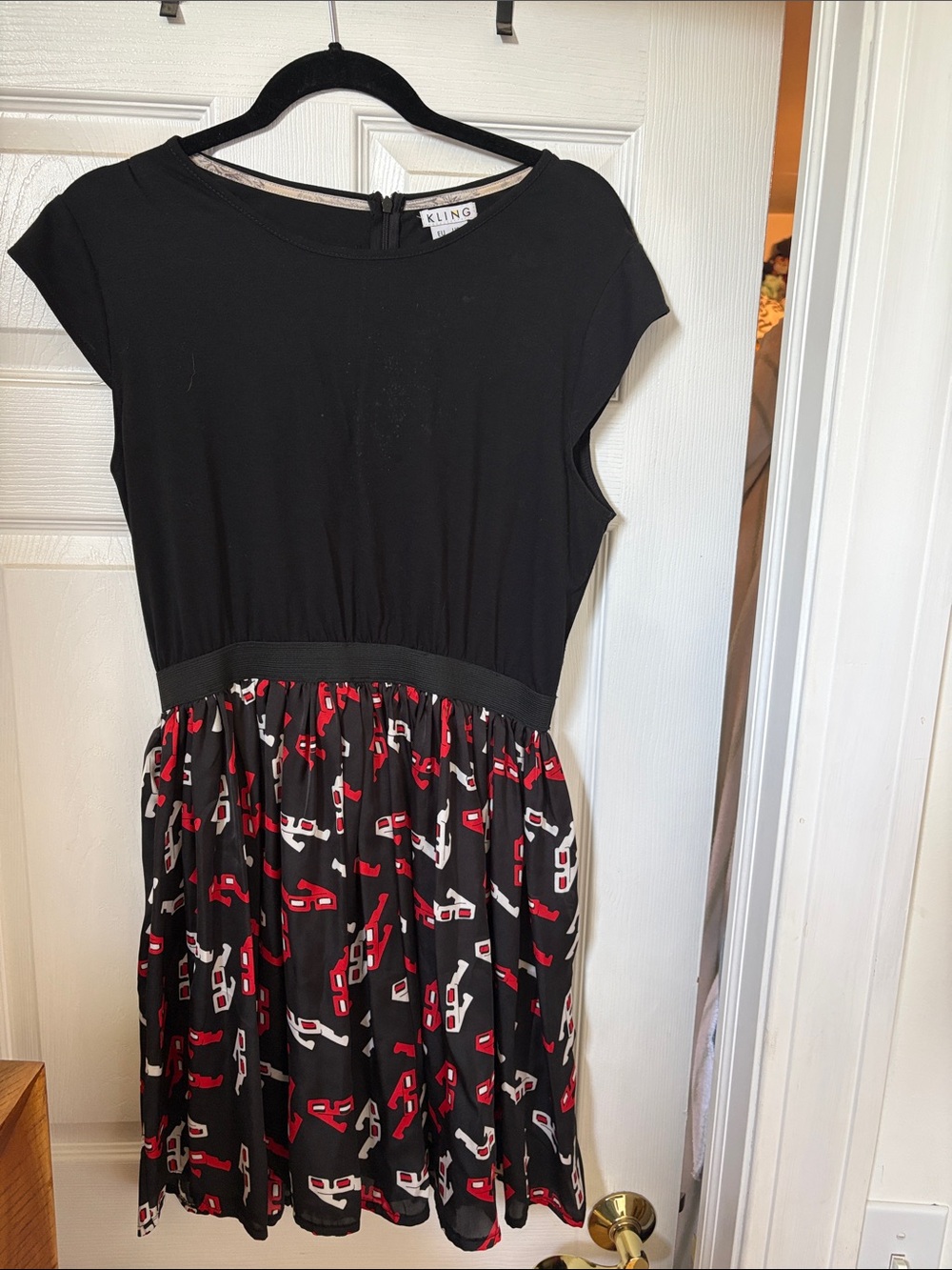 Kling Black Dress with Red and White Printed Skirt